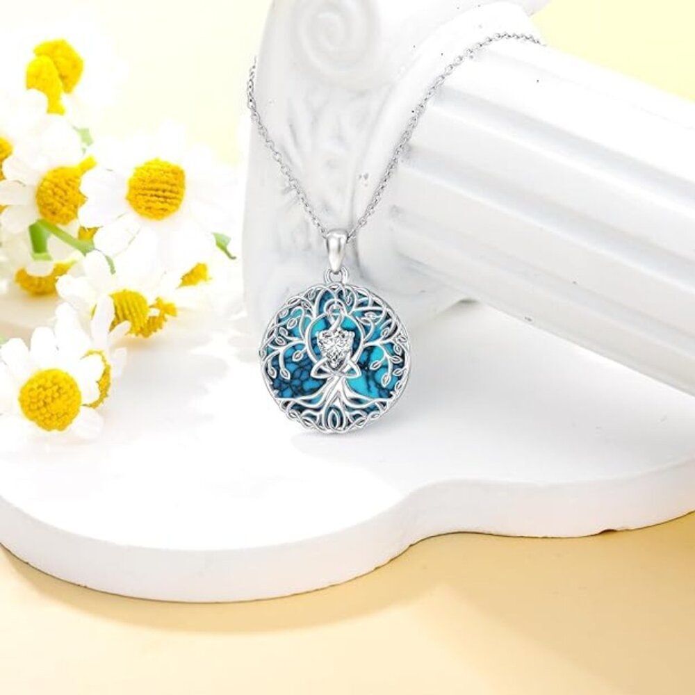 NIB .925 SS Moissanite & Turquoise Tree of Life Necklace